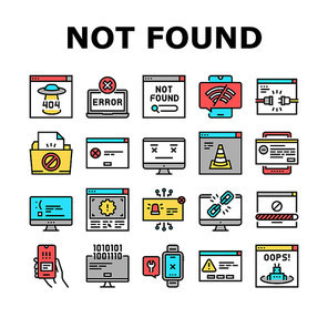 Not Found Web Page Collection Icons Set Vector. 404 Error And Not Found Internet Site, Lost Wire And Wireless Wifi Connection Concept Linear Pictograms. Contour Color Illustrations