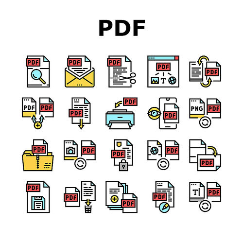 Pdf Electronic File Collection Icons Set Vector. Pdf Document Format Cut And Archiving, Locked And Editing, Download And Save Concept Linear Pictograms. Contour Color Illustrations