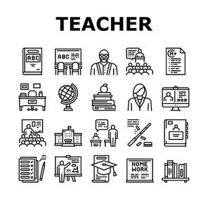 Teacher Education Collection Icons Set Vector. Geography And Abc Educational Lesson, Test And School Graduation, Home Work And Examination Black Contour Illustrations