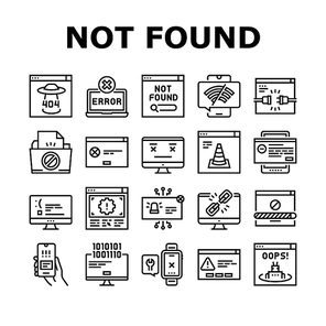Not Found Web Page Collection Icons Set Vector. 404 Error And Not Found Internet Site, Lost Wire And Wireless Wifi Connection Black Contour Illustrations