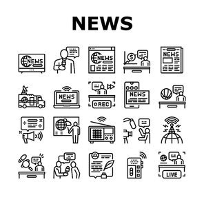 News Broadcasting Collection Icons Set Vector. Reporter Interview And Television, Financial And Sport News, Radio And Newspaper Black Contour Illustrations