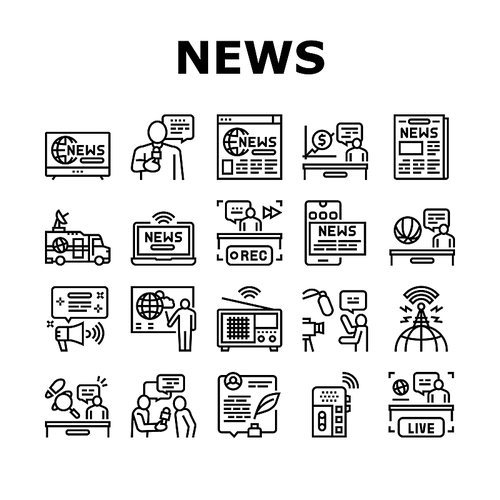 News Broadcasting Collection Icons Set Vector. Reporter Interview And Television, Financial And Sport News, Radio And Newspaper Black Contour Illustrations
