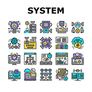 System Work Process Collection Icons Set Vector. Integration And Administrator, Engineering And Security, Network And Technology System Concept Linear Pictograms. Contour Color Illustrations