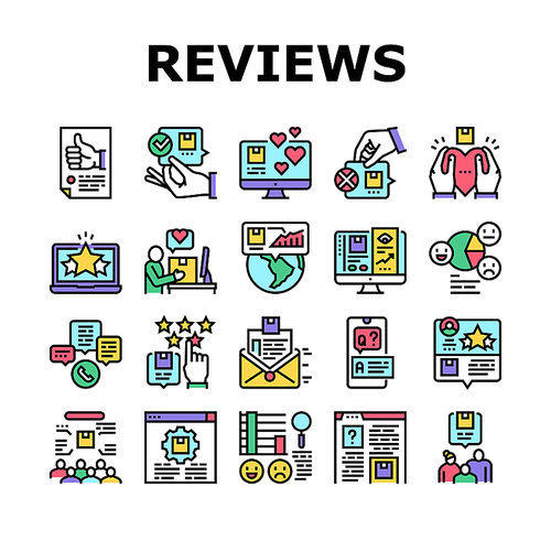 Reviews Of Customer Collection Icons Set Vector. Like Comment And Rating, Positive Feedback And Reviews Researching, Question And Answer Concept Linear Pictograms. Contour Color Illustrations