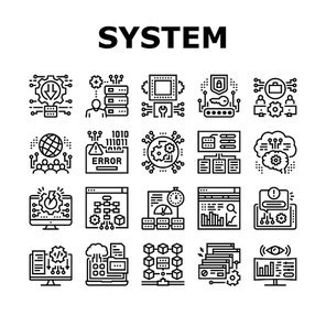 System Work Process Collection Icons Set Vector. Integration And Administrator, Engineering And Security, Network And Technology System Black Contour Illustrations