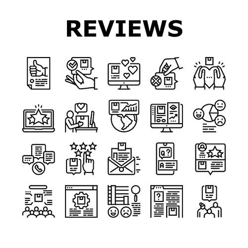 Reviews Of Customer Collection Icons Set Vector. Like Comment And Rating, Positive Feedback And Reviews Researching, Question And Answer Black Contour Illustrations
