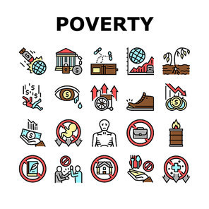 Poverty Destitution Collection Icons Set Vector. Lost Job And House, Miscarriage And Illness, Hunger And Drought Poverty Problem Concept Linear Pictograms. Contour Color Illustrations
