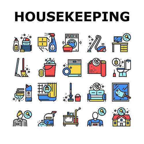 Housekeeping Cleaning Collection Icons Set Vector. Laundry, Window Sponge And Vacuum Cleaner. Washing Machine And Cleaning Service Worker Concept Linear Pictograms. Contour Color Illustrations