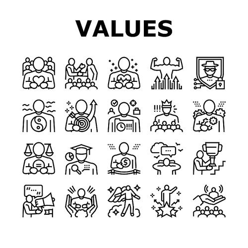 Values Human Life Collection Icons Set Vector. Love And Friendship, Health And Strength, Safety And Tranquility, Success And Power People Values Black Contour Illustrations