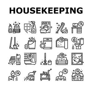 Housekeeping Cleaning Collection Icons Set Vector. Laundry, Window Sponge And Vacuum Cleaner. Washing Machine And Cleaning Service Worker Black Contour Illustrations