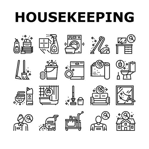 Housekeeping Cleaning Collection Icons Set Vector. Laundry, Window Sponge And Vacuum Cleaner. Washing Machine And Cleaning Service Worker Black Contour Illustrations
