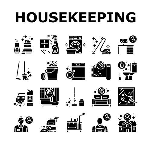 Housekeeping Cleaning Collection Icons Set Vector. Laundry, Window Sponge And Vacuum Cleaner. Washing Machine And Cleaning Service Worker Glyph Pictograms Black Illustrations