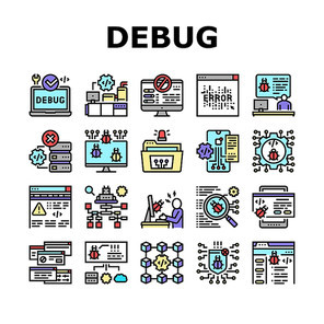 Debug Research And Fix Collection Icons Set Vector. Debugging Servers And Data Store, Development And Testing Application On Debug Concept Linear Pictograms. Contour Color Illustrations