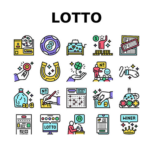 Lotto Gamble Game Collection Icons Set Vector. Lotto Ticket And Ball, Winner Winning Prize And Money, Clover And Rabbit Paw, Fortune And Lucky Concept Linear Pictograms. Contour Color Illustrations