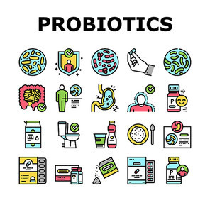 Probiotics Bacterium Collection Icons Set Vector. Dry And Liquid Probiotics, Sorption And Capsule, Lactobacillus, Bifidobacterium And Lactococcus Concept Linear Pictograms. Contour Color Illustrations