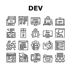 Dev Code Occupation Collection Icons Set Vector. Dev Application And Software, Hacking And Coding, Development App And Debug Fixing Black Contour Illustrations