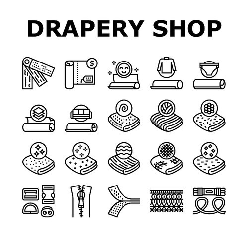 Drapery Shop Sale Collection Icons Set Vector. Felt And Velvet, Acrylic And Atlas, Silk And Satin, Linen And Velveteen Drapery Materials Black Contour Illustrations