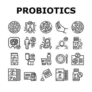 Probiotics Bacterium Collection Icons Set Vector. Dry And Liquid Probiotics, Sorption And Capsule, Lactobacillus, Bifidobacterium And Lactococcus Black Contour Illustrations
