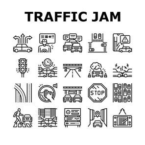 Traffic Jam Transport Collection Icons Set Vector. Broken Car And Accident, Traffic Light And Human Crossing Road On Crosswalk Black Contour Illustrations