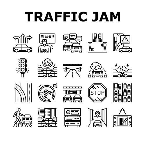 Traffic Jam Transport Collection Icons Set Vector. Broken Car And Accident, Traffic Light And Human Crossing Road On Crosswalk Black Contour Illustrations