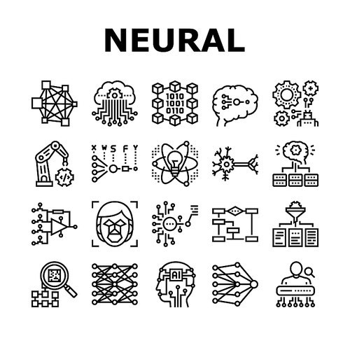 Neural Network And Ai Collection Icons Set Vector. Biological And Binary Neural Network, Mathematical And Artificial Model, Algorithm And Learn Black Contour Illustrations