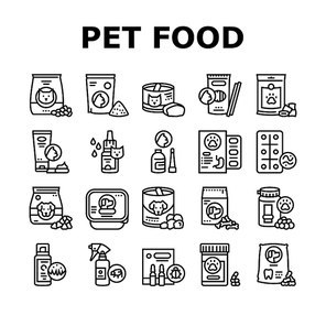 Pet Products Food Collection Icons Set Vector. Dry And Canned Food For Cat And Dog Domestic Animal, Vitamins And Medicine For Worms Black Contour Illustrations
