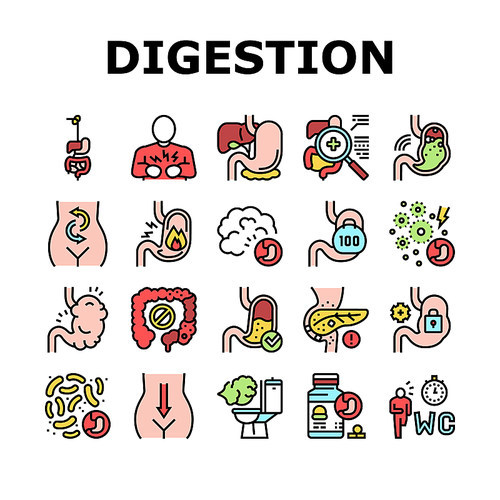 Digestion Disease And Treatment Icons Set Vector. Digestion System And Gastrointestinal Tract, Examining And Consultation, Heartburn And Gassing Concept Linear Pictograms. Contour Color Illustrations