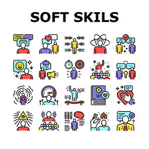 Soft Skills People Collection Icons Set Vector. Creativity And Decision Making, Understanding Body Language And Learning, Soft Skills Concept Linear Pictograms. Contour Color Illustrations