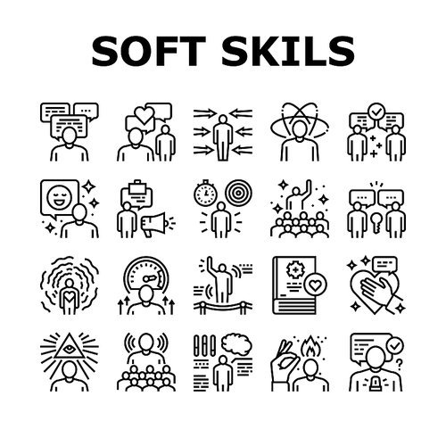 Soft Skills People Collection Icons Set Vector. Creativity And Decision Making, Understanding Body Language And Learning, Soft Skills Black Contour Illustrations