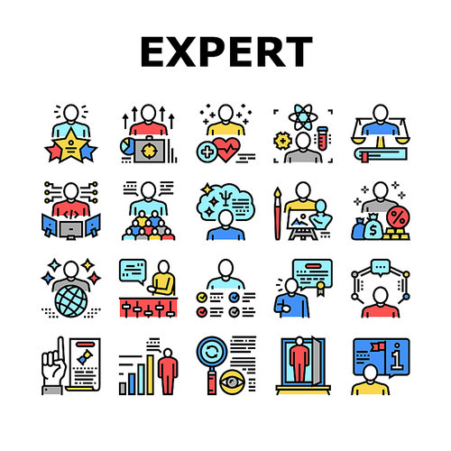 Expert Human Skills Collection Icons Set Vector. Universal And Business Expert, Lawyer And Economic, Technical And Social, Art And Medical Concept Linear Pictograms. Contour Color Illustrations