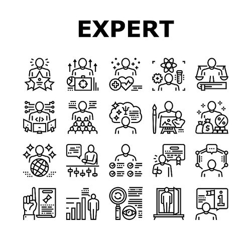 Expert Human Skills Collection Icons Set Vector. Universal And Business Expert, Lawyer And Economic, Technical And Social, Art And Medical Black Contour Illustrations