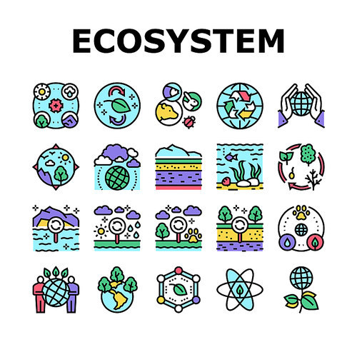 Ecosystem Environment Collection Icons Set Vector. Ecosystem And Ecology, Biodiversity And Life Cycle, Biosphere And Atmosphere Concept Linear Pictograms. Contour Color Illustrations
