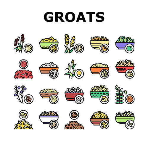 Groats Natural Food Collection Icons Set Vector. Amaranth And Artek, Rice And Corn, Beans And Couscous, Peas And Quinoa Groats Concept Linear Pictograms. Contour Color Illustrations