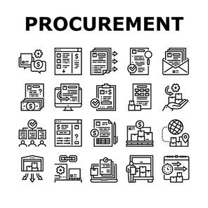 Procurement Process Collection Icons Set Vector. Procurement Warehouse And Contract, Purchase Requisition And Budget Approval Black Contour Illustrations