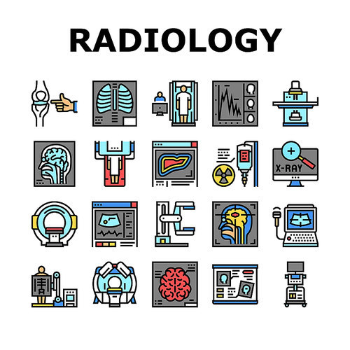 Radiology Equipment Collection Icons Set Vector. Mri And Ultrasound, Ct Scan And Fluoroscope Radiology Hospital Medical Device Concept Linear Pictograms. Contour Color Illustrations