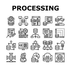 Digital Processing Collection Icons Set Vector. File Compression And Visualization, Download And Upload File Digital Processing Black Contour Illustrations