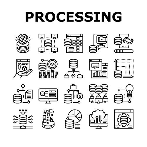 Digital Processing Collection Icons Set Vector. File Compression And Visualization, Download And Upload File Digital Processing Black Contour Illustrations