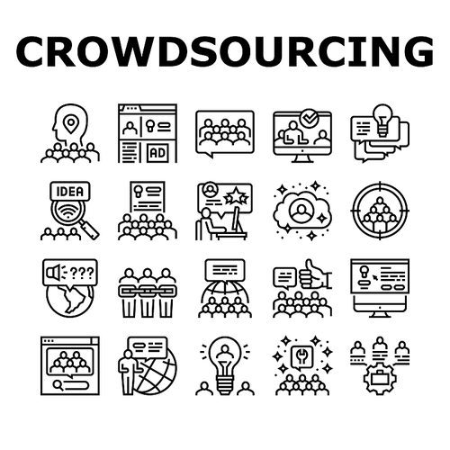 Crowdsourcing Business Collection Icons Set Vector. Internet Advertising And Social Media Promotion, Idea And Viral Marketing Crowdsourcing Black Contour Illustrations