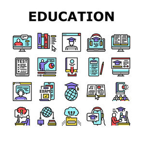 Online Education Book Collection Icons Set Vector. Online Education Lesson And Library, Internet Test And Examination, Student Graduate Concept Linear Pictograms. Contour Illustrations