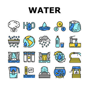 Water Purification Collection Icons Set Vector. Filter And Purifying Equipment, Bottle And Cup, Ocean And Sea Water, World Renewal And Aquarium Concept Linear Pictograms. Contour Illustrations