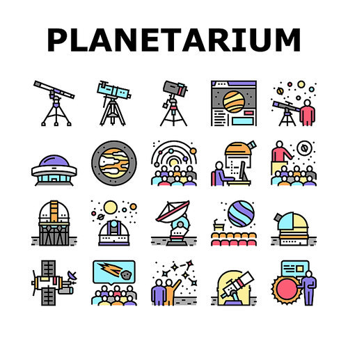 Planetarium Equipment Collection Icons Set Vector. Planetarium Speaker About Stars And Planets, Observatory Astronomy Telescope For Research Galaxy Concept Linear Pictograms. Contour Illustrations