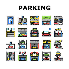 Underground Parking Collection Icons Set Vector. Underground Multilevel Parking Building, Barrier And Automatical Gate, Elevator Lifting Transport Concept Linear Pictograms. Contour Illustrations