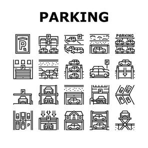 Underground Parking Collection Icons Set Vector. Underground Multilevel Parking Building, Barrier And Automatical Gate, Elevator Lifting Transport Black Contour Illustrations