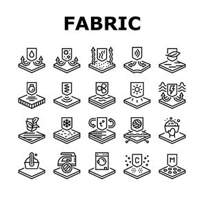 Fabrics Properties Collection Icons Set Vector. Elastic And Stretched, Warm And Cool, Antibacterial And Breathable Fabrics Properties Black Contour Illustrations