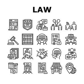 Law Justice Dictionary Collection Icons Set Vector. Family And Social Norms, Leasing And Breach Of Contract, Penalty And Divorce Law Black Contour Illustrations