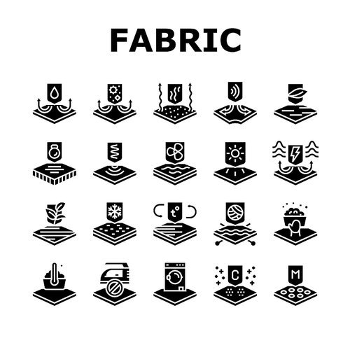 Fabrics Properties Collection Icons Set Vector. Elastic And Stretched, Warm And Cool, Antibacterial And Breathable Fabrics Properties Glyph Pictograms Black Illustrations