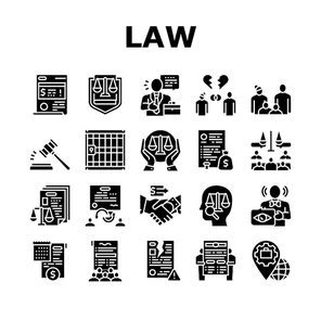 Law Justice Dictionary Collection Icons Set Vector. Family And Social Norms, Leasing And Breach Of Contract, Penalty And Divorce Law Glyph Pictograms Black Illustrations
