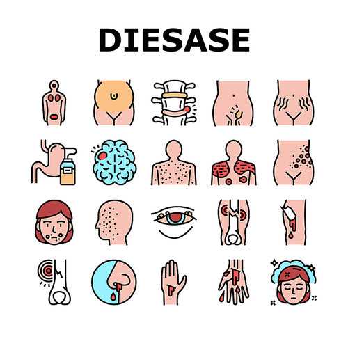 Disease Health Problem Collection Icons Set Vector. Open And Closed Limb Fracture, Nose And Arterial Bleeding, Herpes And Acne Disease Concept Linear Pictograms. Contour Illustrations