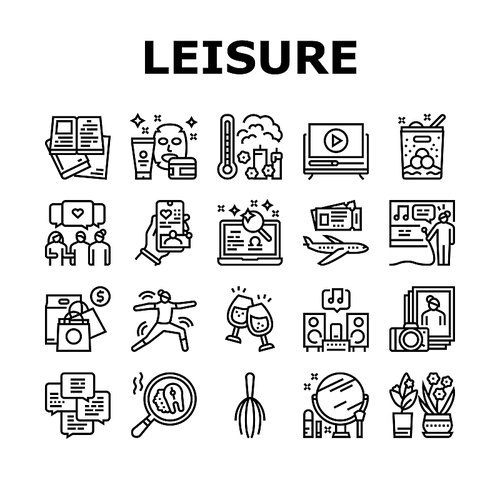 Womens Leisure Time Collection Icons Set Vector. Karaoke And Yoga, Massage And Spa, Reading Books And Listening Music, Shopping And Journey Leisure Black Contour Illustrations