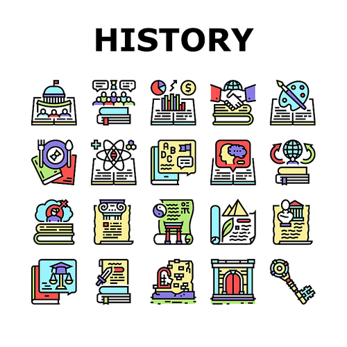 History Learn Educational Lesson Icons Set Vector. Environmental And Art, Political And Economic, Intellectual And Science History, Ancient Ruins And Gate Researching Line. Color Illustrations